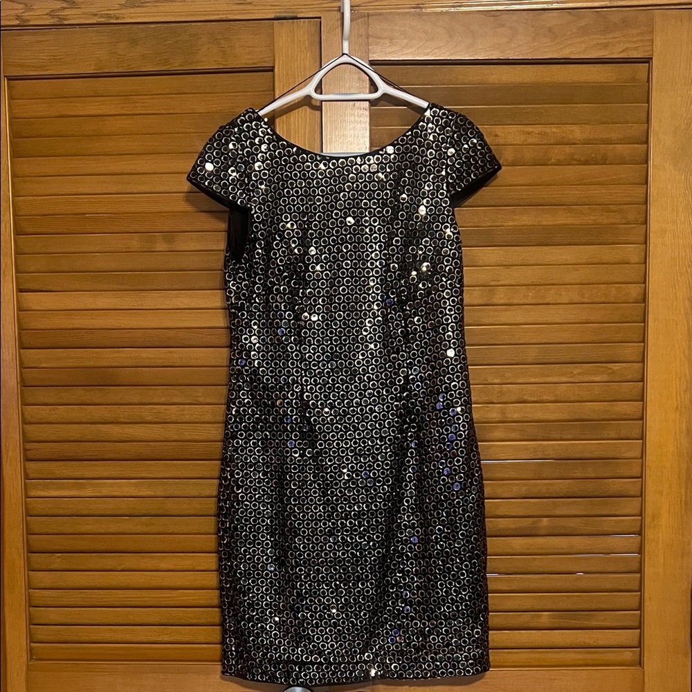 Dazzling Black and Gold Sequin Mini Dress by Adrianna Papell